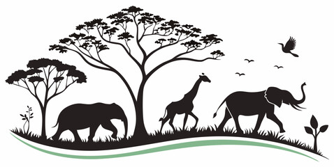 Wildlife Conservation Illustration - Black Silhouettes of African Animals in Nature.