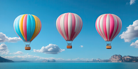 Fototapeta premium Colorful hot air balloons soaring above serene lake landscape travel photography daytime adventure