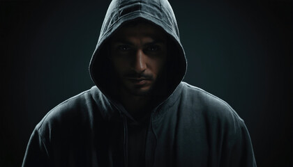Mysterious figure in a dark hoodie reveals intense expression against a black background