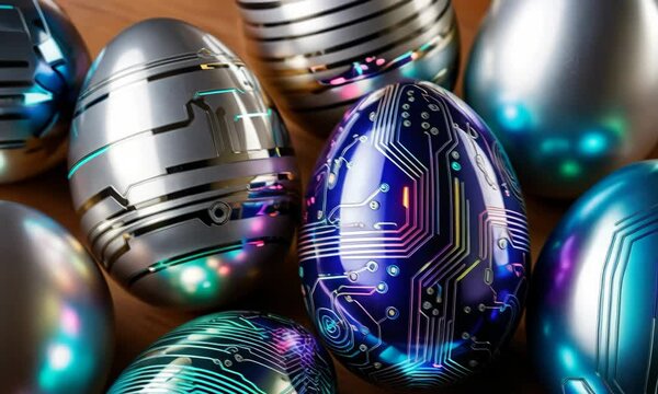 Abstract Lines Circuit Lights technology digital hi tech easter eggs concept background. Digital Easter eggs with glowing circuit patterns. Modern celebration technology