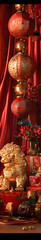 Obraz premium Elegant Decorations Featuring Red and Gold Chinese Lanterns and Golden Sculptures