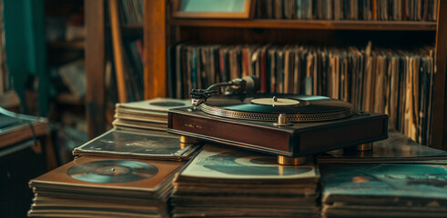 Vintage Record Player and Vinyl Collection at a Flea Market