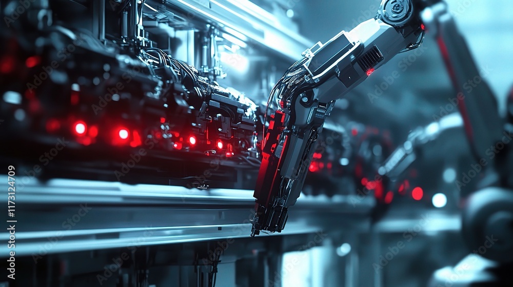 Poster high-tech machine in assembly line with robotic arm operations