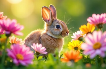 Obraz premium a cute bunny surrounded by vibrant flowers