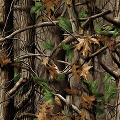 Realistic forest camouflage.Seamless pattern. Trees, branches, green and brown oak leaves. Useable for hunting and military purposes.