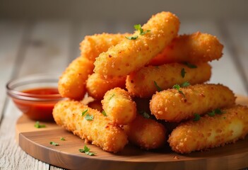 Plate with hot chili sauce and nuggets on wooden table, closeup
