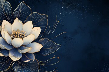 Elegant floral design featuring a white lotus against a dark blue background with golden accents for text placement