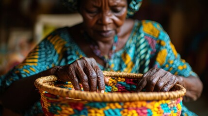 Elderly woman weaving basket.