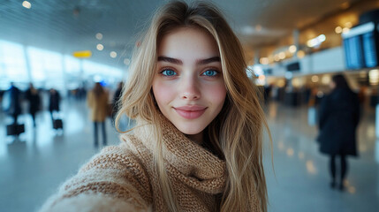 Fototapeta premium Młoda kobieta robi sobie selfie na lotnisku, generative ai 