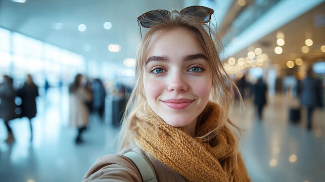 Młoda kobieta robi sobie selfie na lotnisku, generative ai 