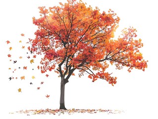 Silhouette of a tree with falling leaves on a white background