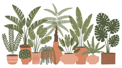 Obraz premium Lush greenery with various houseplants in colorful pots arranged against a simple background