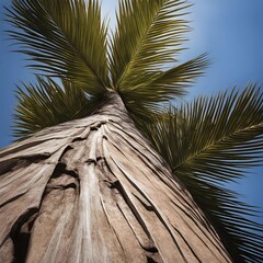A close-up of a palm tree trunk and fronds, highly detailed and photorealistic, showing textures of the bark and the veins of the leaves, with a clear sky in the background.
