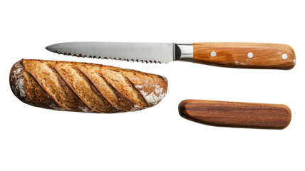 Obraz premium Sliced artisanal bread on a cutting board with a serrated knife and wooden handle resting beside it.