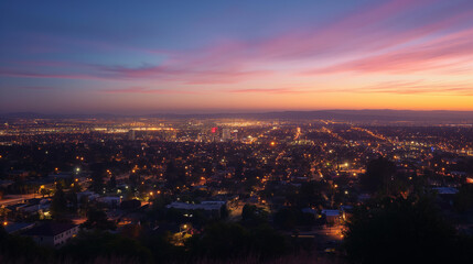 Obraz premium Vibrant Cityscape at Dusk with Twinkling Lights and Stunning Sunset Sky