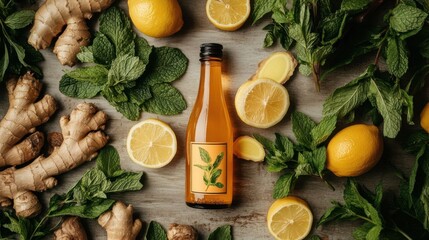 Bottled kombucha with fresh ingredients.