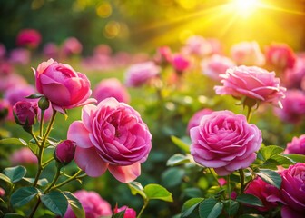 Obraz premium Blooming Pink Roses in Lush Green Field, Sun Rays Background - Stock Photo