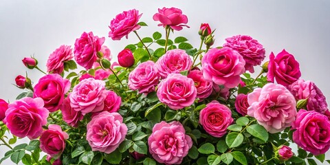 Obraz premium Blooming Pink Rose Bush Isolated, White Background, Urban Exploration Photography Style