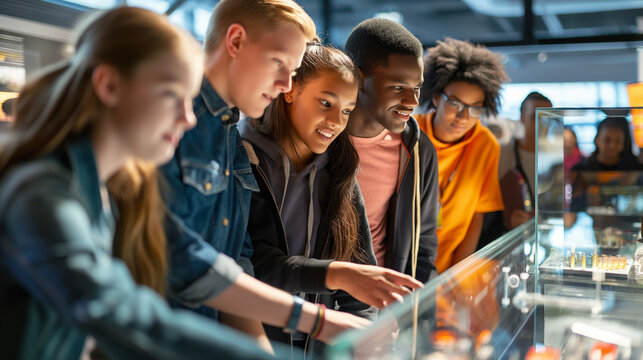 Group of Diverse Teenagers Enjoying a Visit to a Science Museum Exhibition