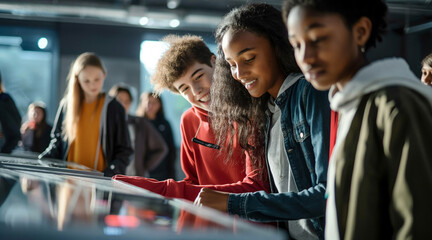 Students Engaged in Interactive Exhibit During Educational Field Trip