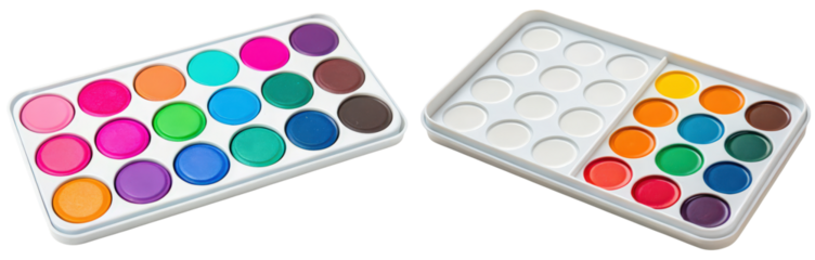 Two palettes of watercolor paints isolated with transparent background