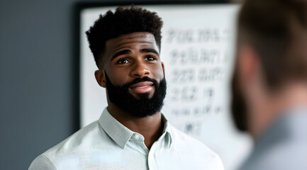 Obraz premium A man with a beard is engaged in conversation, showcasing a thoughtful expression against a modern, minimalistic background.