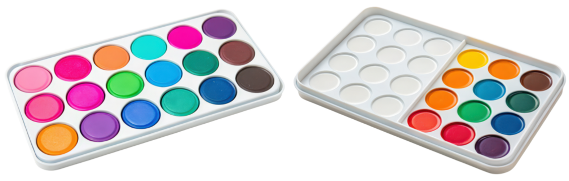 Two palettes of watercolor paints isolated with transparent background
