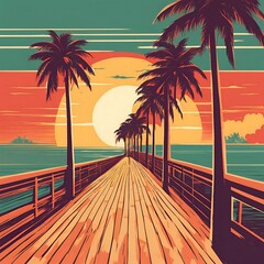 A retro travel poster illustration featuring a row of palm trees along a boardwalk at sunset, with bold colors and sharp lines for a vintage aesthetic.