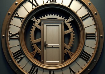 Intricate clock design featuring a door surrounded by gears and Roman numerals