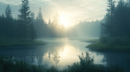 Fototapeta premium A serene misty landscape at dawn, featuring a tranquil river and trees.