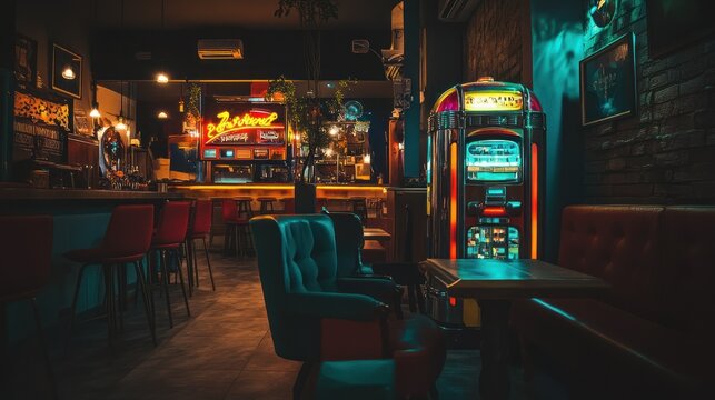Retro Bar Atmosphere: Jukebox, Neon Lights, and Vintage Vibes