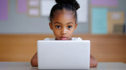 A focused young girl intently uses a laptop, showcasing modern education and technology in a bright, engaging environment.
