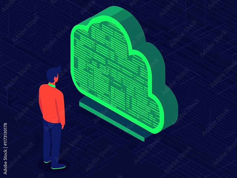 Wall mural a person gazes at a digital cloud symbol filled with data, representing cloud computing and technolo
