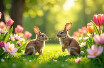 spring garden filled with rabbits hopping around