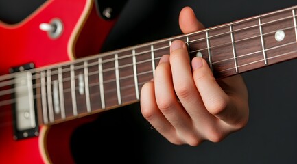 Fototapeta premium A hand playing chords on a red electric guitar, showcasing musical skill and creativity against a dark background.