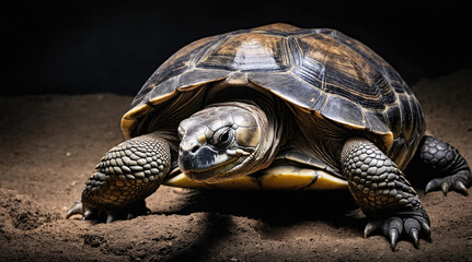 Fototapeta premium Tortoise walking on sandy ground in a dimly lit environment showcasing details of its shell and texture