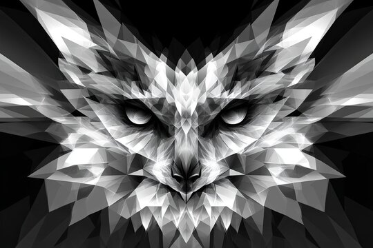 Abstract polygonal owl face in grayscale.