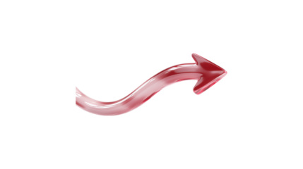 A red arrow pointing down. The arrow is made of glass and is very shiny. It is on a trasparent background	