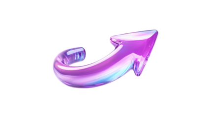 A purple arrow pointing down. The arrow is made of glass and is very shiny. It is on a trasparent background	