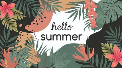Colorful tropical summer illustration with exotic flowers, leaves, and 'Hello Summer' text