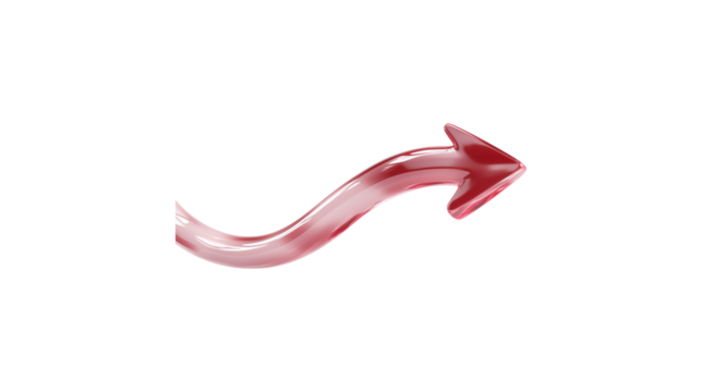 A red arrow pointing down. The arrow is made of glass and is very shiny. It is on a trasparent background	