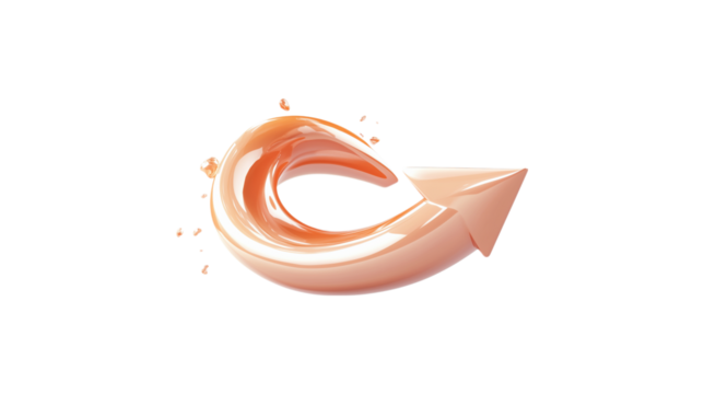 A orange arrow pointing down. The arrow is made of glass and is very shiny. It is on a trasparent background	