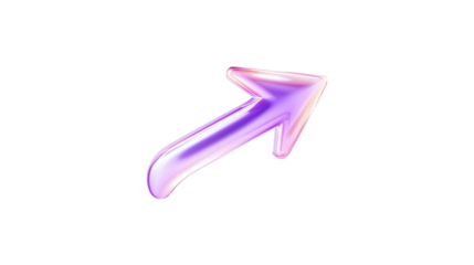 A purple arrow pointing down. The arrow is made of glass and is very shiny. It is on a trasparent background	