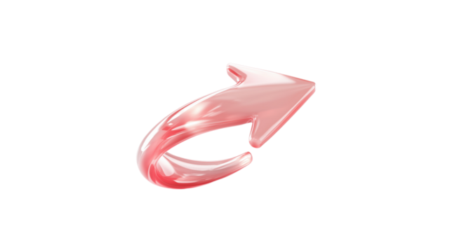A red arrow pointing down. The arrow is made of glass and is very shiny. It is on a trasparent background	