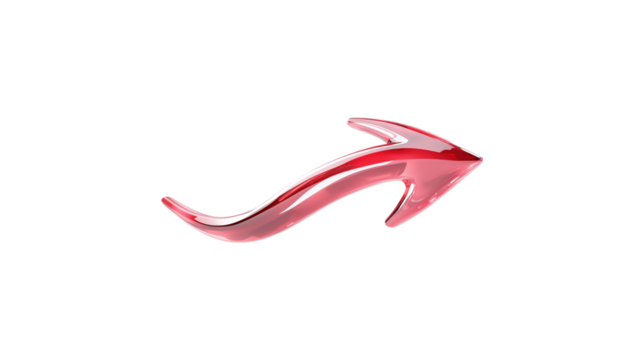 A red arrow pointing down. The arrow is made of glass and is very shiny. It is on a trasparent background	