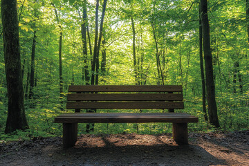 Empty wooden bench in sunlit forest path, trees in background, inviting rest