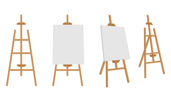 wooden easel with blank canvas for painting, vector illustration isolated on white background.