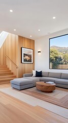 Fototapeta premium Modern Living Room with Sleek Furniture, Wooden Accents, and Natural Light in Bright and Spacious Interior Design Setting