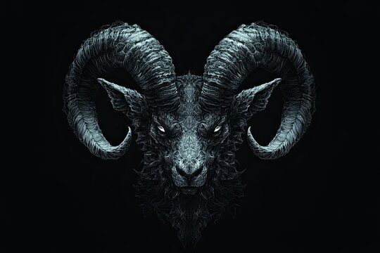 Dark, stylized ram head illustration with large horns against black background.