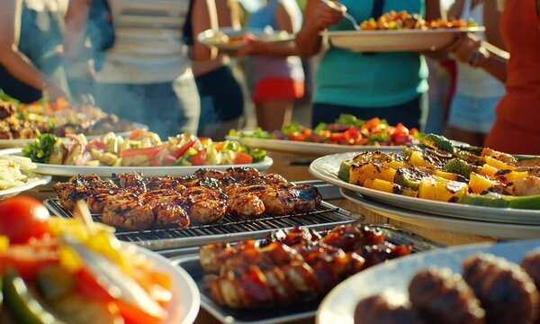 Bountiful Buffet of Grilled Meats and Vegetables at Outdoor Gathering